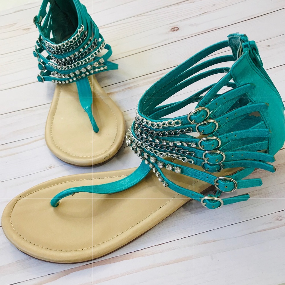 Breckelles Teal Green Chain Diamond Ankle Sandals